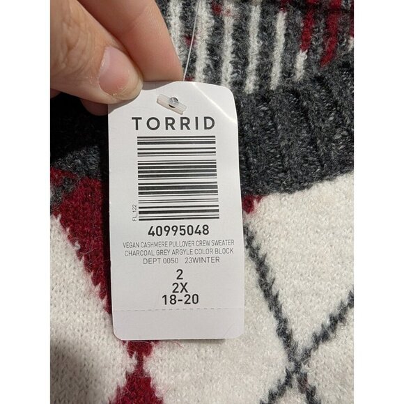 NWT Torrid Women's Gray Red Pullover Argyle Colorblock Sweater Super Soft Sz 2X - Picture 9 of 16